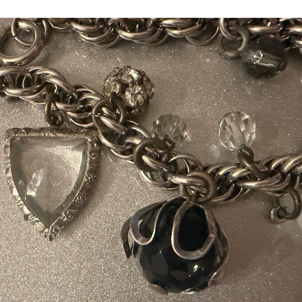 Vtg Accessocraft NYC Runway Gothic Statement Charm Bracelet Smoky Crystal Lucite
